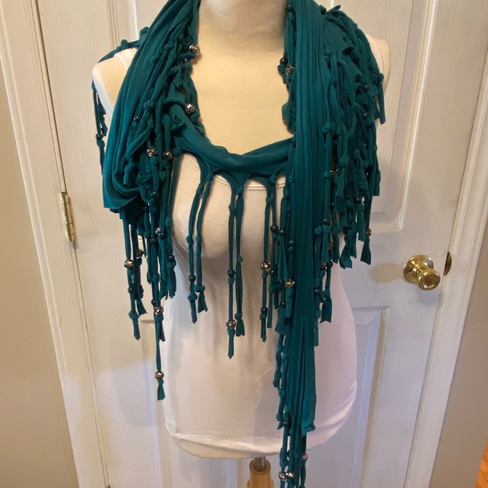 Long funky blue silver beaded knit scarf